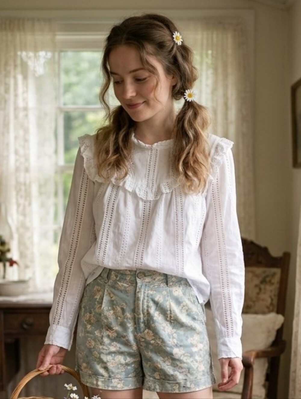 GAP L Soft Girl Cottagecore Victorian Prarie Pesant Eyelet Ruffle Bib Blouse